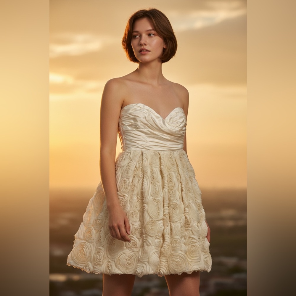 Women’s Dress. Elegant Cream Strapless Dress with Rosette Skirt.
Size 0
NEW